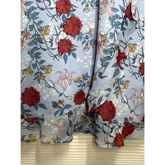 Bardot Mini Wrap Dress Size 8 Blue Red Floral Ruffle Chiffon Cut Out Back V Neck - Picture 5 of 11